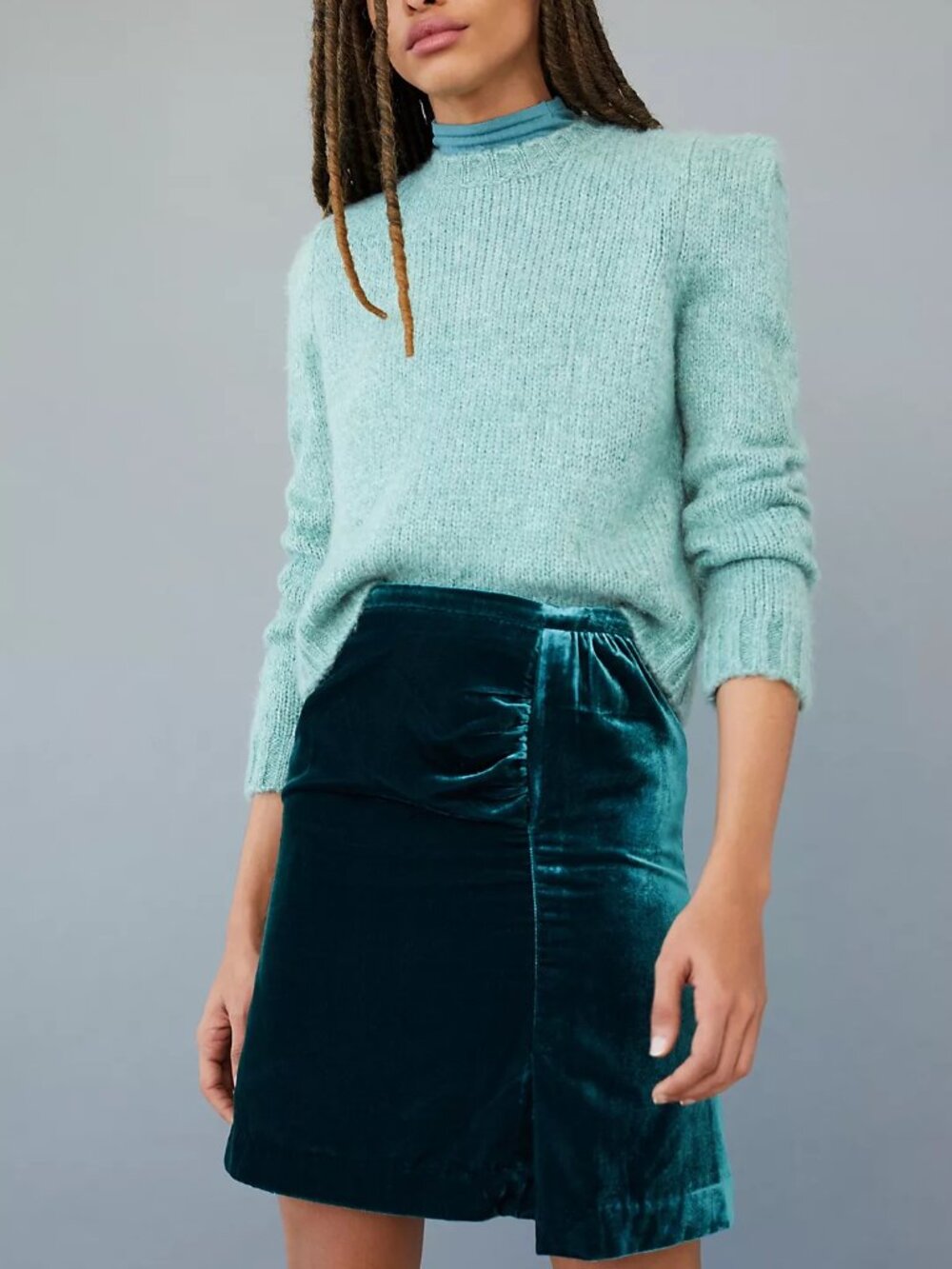 Anthropologie Velvet Mini Skirt Teal Green Ruched Front Womens Size 6 Holiday - Picture 1 of 11
